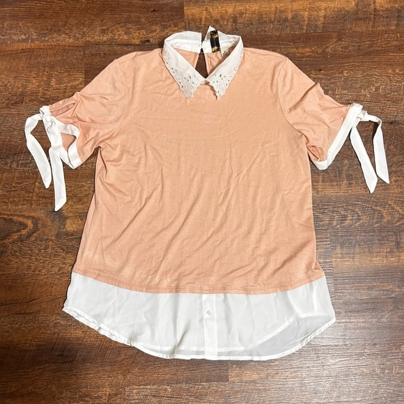 Misia Shirt Top Blouse Womens Medium Pink Shite Short Tie Sleeves Tunic Collared - Picture 1 of 4